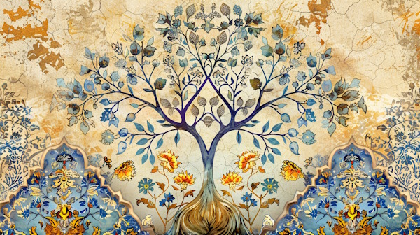 طرح درخت روی کاشی های ایرانی با پس زمینه نقوش سنتی