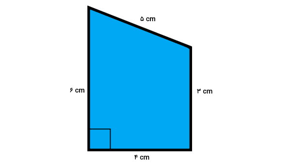 محیط یک ذوزنقه قائم الزاویه به اندازه ضلع های 6، 5، 3 و 4 سانتی متر
