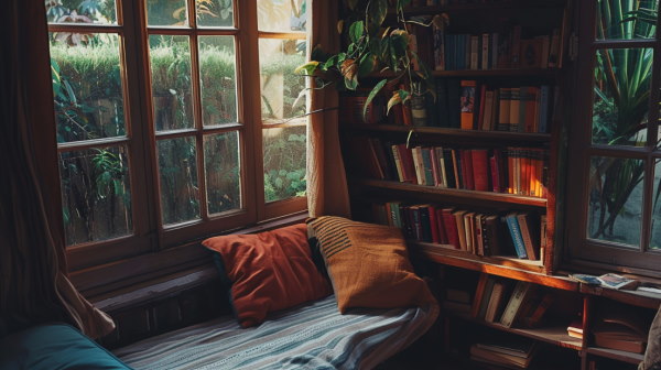 اتاقی با یک مبل و چند کتاب در قفسه
