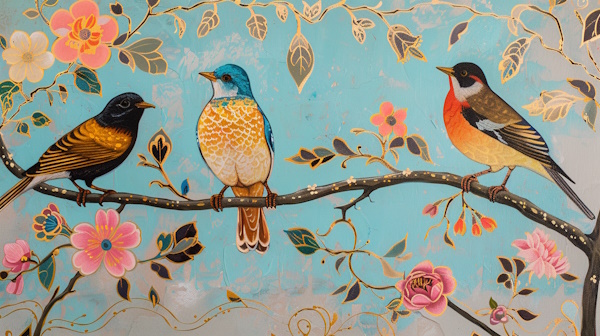 سه پرنده روی شاخه درخت با گل ها و پس زمینه نقوش سنتی ایرانی - نقش دستوری چیست