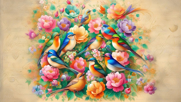 چند پرنده در باغ گل و در میان گل ها نشسته اند - صرف فعل فارسی