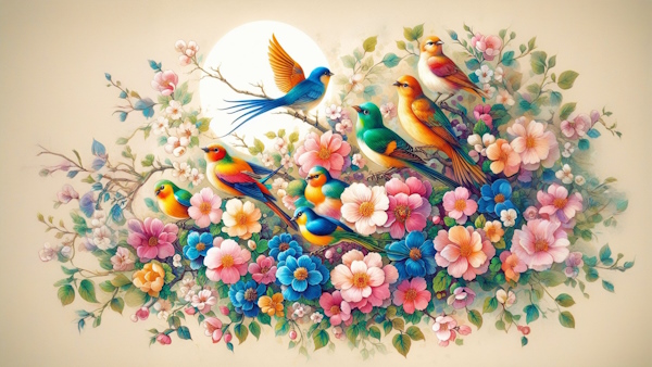 چند پرنده روی شاخه درخت و در میان گل ها نشسته اند - صرف فعل فارسی