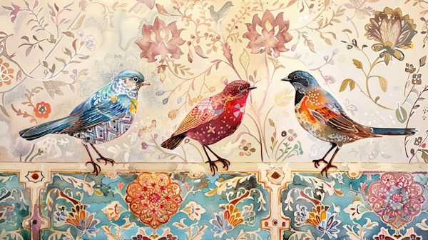 سه پرنده روی کاشی ایرانی با پس زمینه نقوش سنتی ایرانی - انواع قید در فارسی