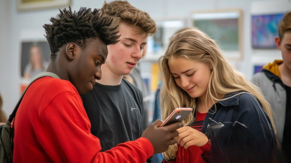 تصویر چند دانش‌آموز در حال نگاه کردن به تلفن همراه