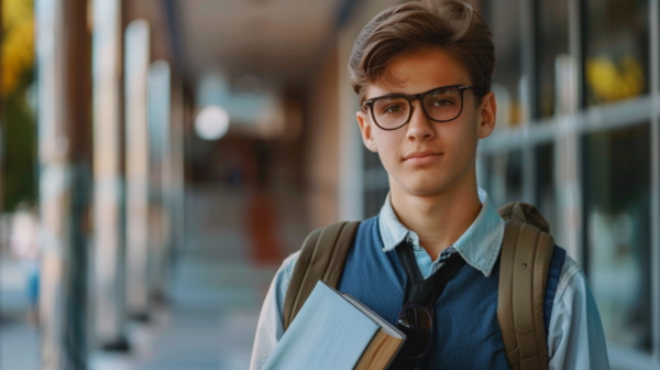 تصویر دانش‌آموزی که کتابی در دست دارد.
