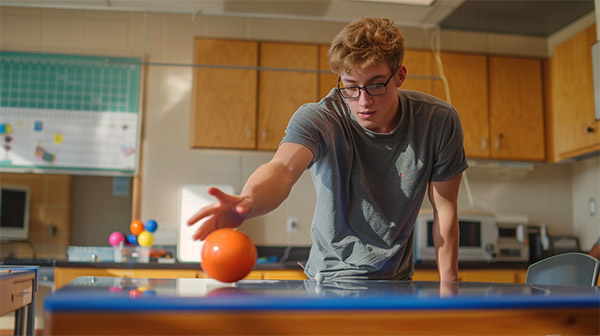 دانش آموزی در حال حرکت دادن توپی روی میز در کلاس فیزیک