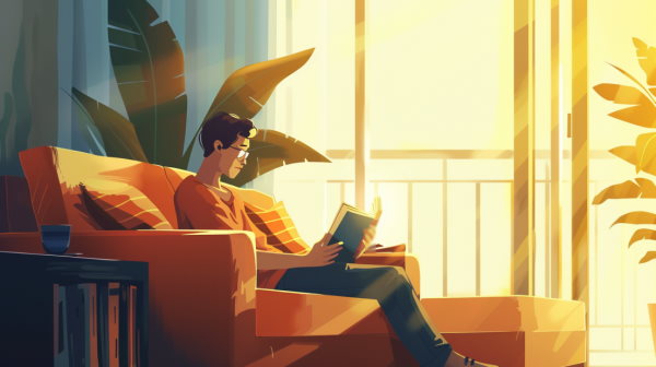 پسری در حال مطالعه کتاب در اتاقی روشن