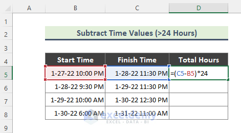 حدولی از داده زمانی برای محاسبه ساعت کاری با استفاده از عملگر تفریق که در سلولی نوشته شده است.