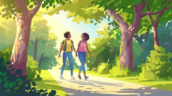 تصویر دو دوست که در پارک قدم می‌زنند و صحبت می‌کنند.