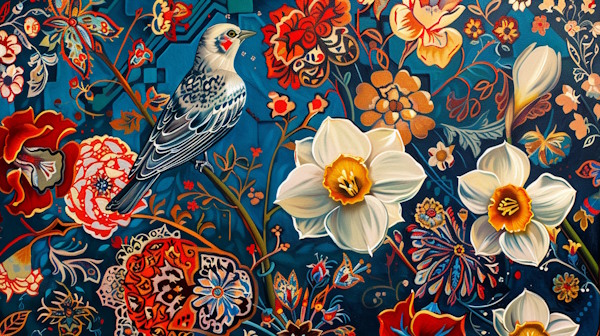 پرنده ای نشسته بر گل نرگس در محیطی ایرانی