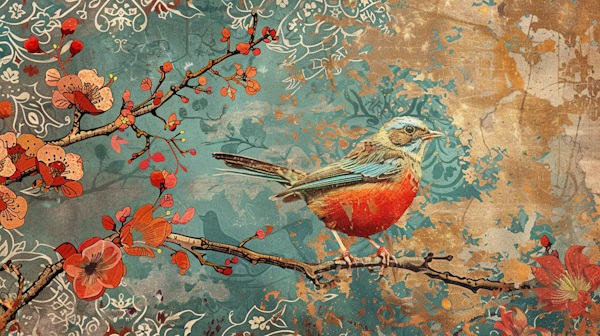 پرنده ای نشسته بر روی شاخه ای از گل های نارنجی