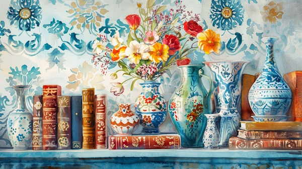 کتابخانه ای ایرانی با گل‌ های ایرانی