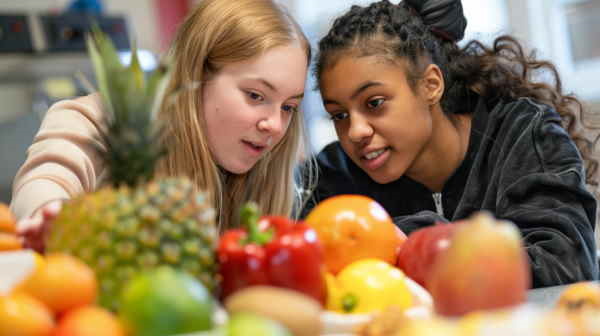 دو دختر که درباره میوه‌ها با هم حرف می‌زنند