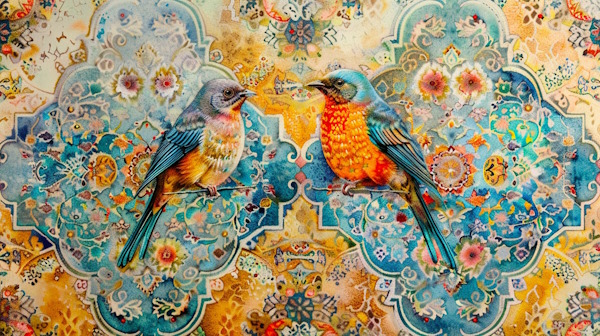دو پرنده روبه روی هم با پس زمینه نقوش سنتی کاشی های ایرانی