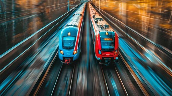 دو قطار قرمز و آبی به دنبال هم در حال حرکت هستند. 
