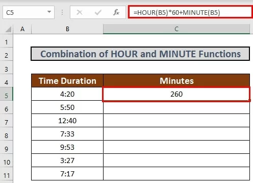 جدولی از داده های زمانی در اکسل برای تبدیل ساعت به دقیقه