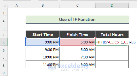 حدولی از داده زمانی در اکسل برای محاسبه ساعت کاری با استفاده از تابع if که در سلولی نوشته شده است.