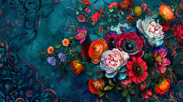 تعدادی گل رنگارنگ در کنار یکدیگر با پس زمینه نقوش سنتی ایرانی - استعاره مکنیه چیست