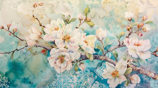 نقاشی آبرنگ شکوفه های سفیدرنگ 