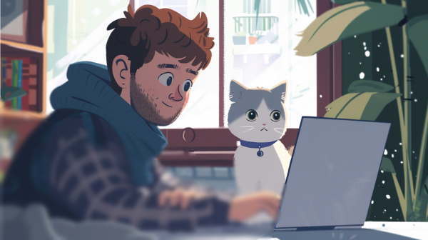 یک پسر تپل مپل با گربه‌اش به لپات نگاه می‌کنند.
