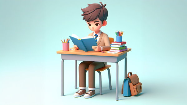 یک پسر نشسته پشت میز در حال مطالعه کتاب در دست