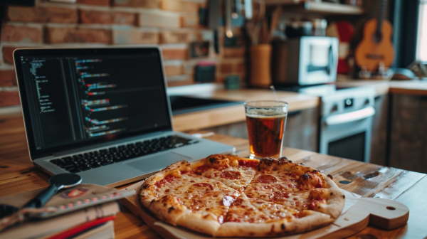 یک لپتاپ باز همراه با پیتزا و نوشابخ بخ روی میز - دستور Where در SQL