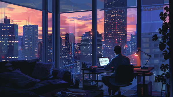 یک نفر در اتاق خود روبه‌روی پنجره ‌ای به سمت آسمان خراش‌ها نشسته و با کامپیوترش کار می‌کند