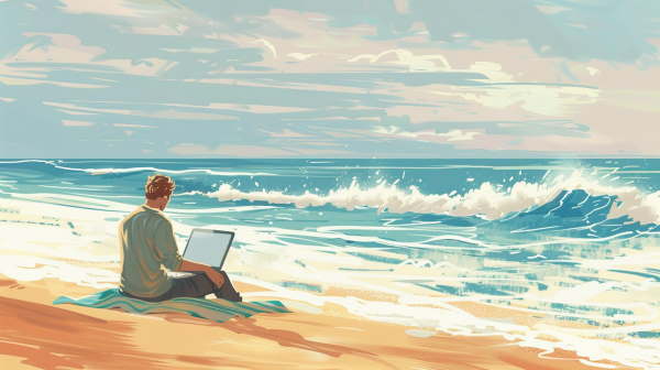 برنامه نویسی بر روی ساحل نشسته و با لپتاپش کار می‌کند