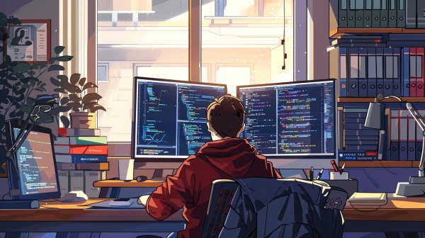 یک برنامه نویس در حال کار با کامپیوتر خودش در مقابل پنجره پشت میز کارش نشسته است.