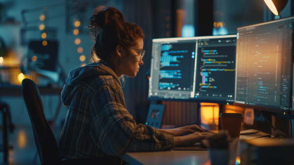 دختر برنامه نویس در حال کار با کامپیوترهای خود است