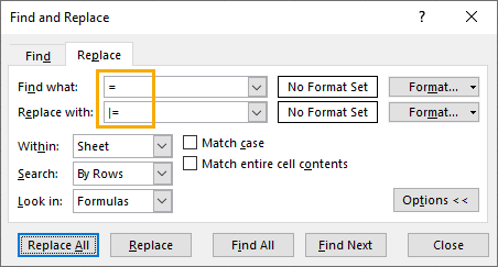 پنجره یافتن و جایگزینی بای وارد کردن نشان | قفل از علامت تساوی در فرمول ها