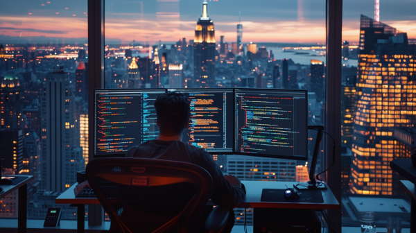 مهنس برنامه نویس در حال کار با ویو شهر نیویورک است.