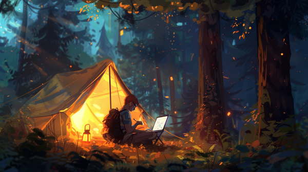 برنامه نویس جوان در جنگل در حال کار است.