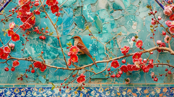 پرنده ای در کنار گلها و کاشی های ایرانی-جمله خبری چیست