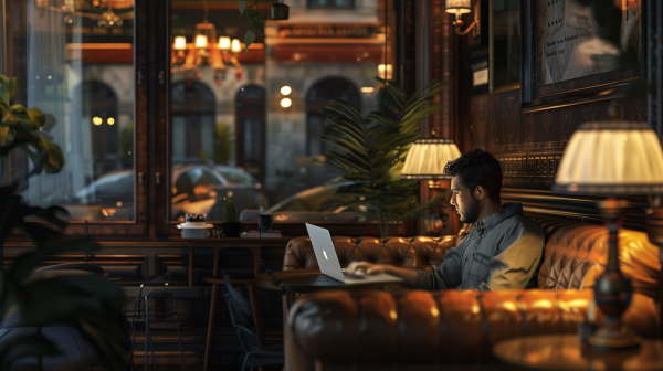 برنامه نویس ثروتمندی در یکی از لوکس‌ترین کافه‌ها نشسته و با لپتاپش کار می‌کند.