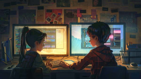 دختر و پسری در مقابل کامپیوترهایشان درباره کدهای نوشته شده حرف می‌زنند