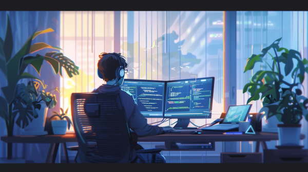 برنامه نویس در مثابل میز کارش نشسته و با کامپیوترش کار می‌کند. یک لپتاپ کوچک نیز در کنارش به صورت باز روی میز قرار دارد