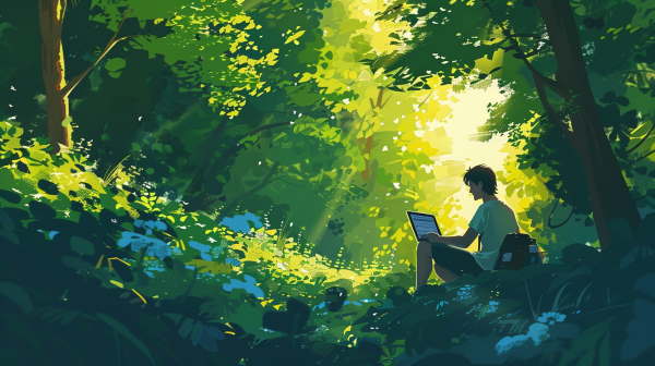 پسر جوان در جنگل نشسته و با لپتاپ کار می‌کند
