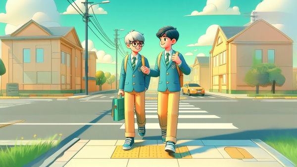 دو پسر دبیرستانی در حال صحبت و راه رفتن با لباس مدرسه - ضرب عدد در رادیکال
