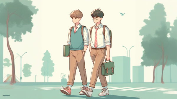 دو دانش آموز درحال قدم زدن با کیف و کتاب در دست