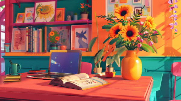تصویر گلدان و لپ‌تاپ و کتاب روی میز