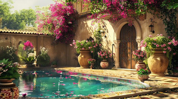 یک خانه روستایی با یک حوض آب و گل ها و گلدان های سفالی که اطراف حوض قرار گرفته اند - پیوند هم پایه ساز و وابسته ساز