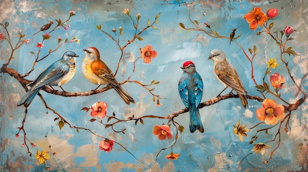 پرنده هایی نشسته بر روی گل های ایرانی