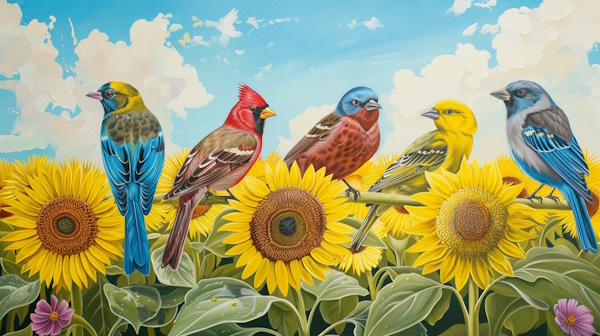 پرنده هایی نشسته بر روی گلهای آفتابگردان
