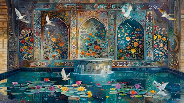 پرنده ها روی حوضی ایرانی