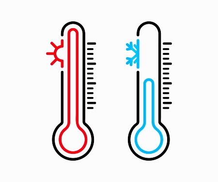 طرحی از دو دماسنج با رنگ آبی و قرمز نشان‌دهنده دمای بالا و پایین