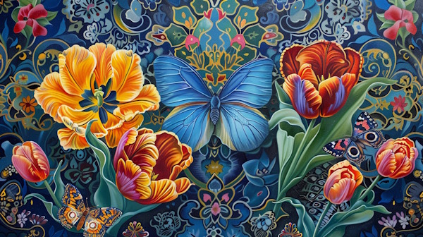 پروانه و کاشی های آبی ایرانی و گلهای لاله-واژه چیست