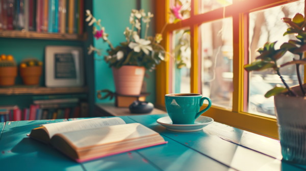 تصویر کتاب و قهوه در کافه