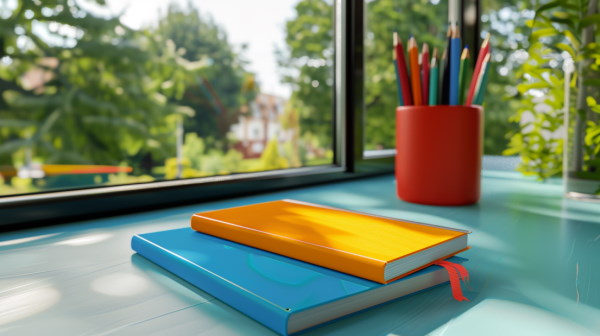 تصویر مداد و دفتر رنگی نزدیک پنجره کلاس