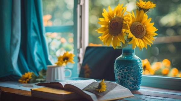 تصویر یک کافه با گلدانی از کل آفتابگردان و دو کتاب روی میز